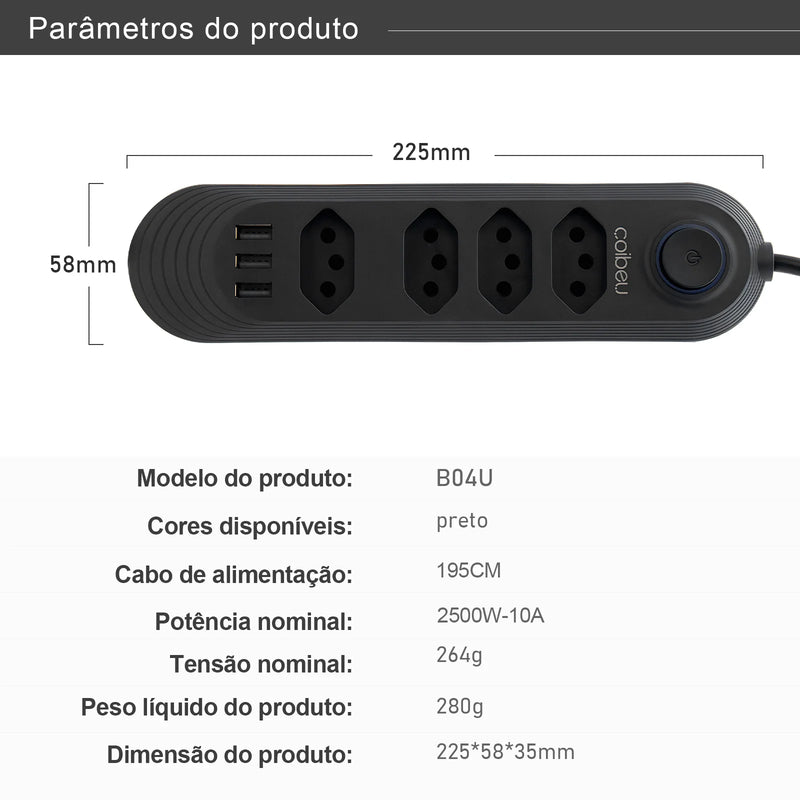 110-220V 10A 2M 2500W USB Tomada Extensão Elétrica Extensão Elétrica Brasil Plugue Água Plugue Eudy USB