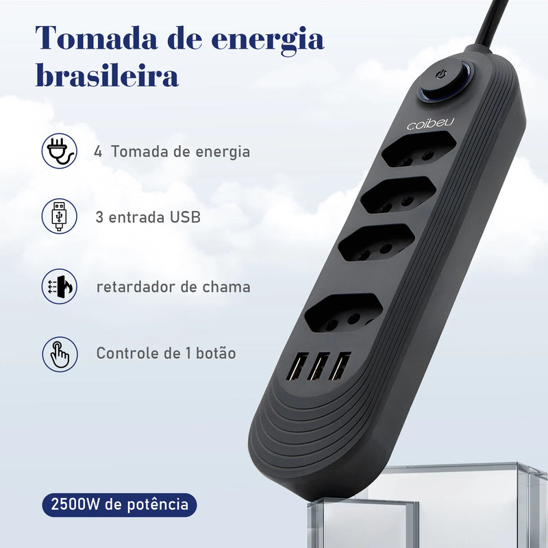 110-220V 10A 2M 2500W USB Tomada Extensão Elétrica Extensão Elétrica Brasil Plugue Água Plugue Eudy USB